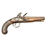 Flintlock Pistol with 163mm long barrel, bore approx. 15mm. Lock is maker marked "Barber". Action