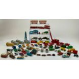 Various playworn diecast motor vehicles including a Hornby Dublo Meccano Ltd No.133 rail crane and