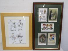 Framed Victorian post cards and a ink drawing of Estrella wine festival musicians