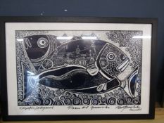 Linocut style picture of 2 fish in ink, titled in margin 62x41xm