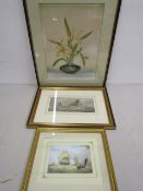 2 watercolours, one of flowers and one seascape and a seascape print
