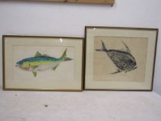 2 signed hand finished block print image of a Pomfret fish on speckled paper, pencil signed,