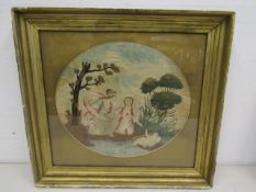 An antique silk embroidery of a pastoral scene in gilt frame 46x49cm