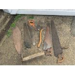 Vintage axe, saws and hay knife