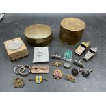 2 Acme Thunderer whistles, Railway pin badges and cufflinks and 2 brass lidded pots