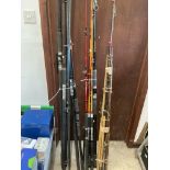 Assorted fishing rods inc Shakespeare, Daiwa, vintage split canes, beach casters, boat rods etc