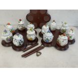BROOKS & BENTLEY PORCELAIN JAM POTS WITH FLOWER SHAPED 3 TIER STAND (missing 1 spoon)
