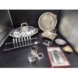 Collection of EPNS items to include an entree dish serving tureen, toast rack, boxed hip flask,
