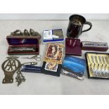 collectors lot to include AA badge, harmonica, various playing cards, whistle's, concord coasters