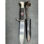 Eickharn 1939 Hitler youth dagger with enameled insignia and chequered handle with scabbard 26cm -