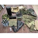 Assorted Militaria inc holster, rubber rounds, flask, belt, various webbing, bag etc