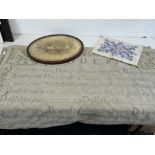 Antique stitchwork picture, cushion cover and wall hanging