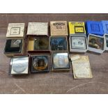Magic lantern slides inc Boer War and Mickey Mouse and a vintage commemorative tin