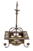 A metal and coloured glass four branch electrolier in Art Nouveau style,
