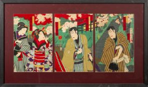 A triptych of Japanese woodblock prints by Utagawa Kunimasa IV [1874-1944] depicting three actors