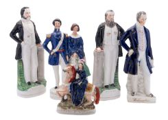 Five Staffordshire pottery portrait figures, comprising Moody and Sankey, Duke of Wellington,