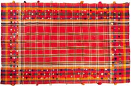 A Jayim Kelim, the tartan field in principal rose colour, with guard stripes in various colours,