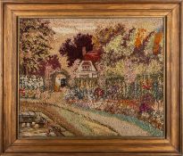 A Victorian folk art woolwork picture of a cottage garden, in the manner of Helen Allingham,