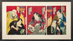 A triptych of Japanese woodblock prints by Toyohara Kunichika [1835-1900] depicting Kabuki actors