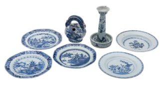 A group of Chinese blue and white porcelain comprising a lamp painted with figures in a landscape,