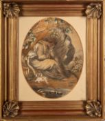 A George III silkwork picture of a maiden and a spaniel,