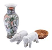 Four pieces of Chinese porcelain comprising a baluster vase decorated in famille verte enamels with