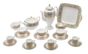 A Wedgwood gold and sage green Colombia tea and coffee service, comprising a teapot and cover,