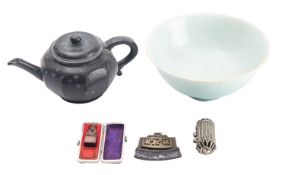 A mixed lot: comprising a Chinese soapstone teapot and cover,