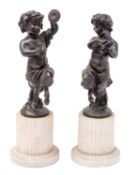 A pair of Continental bronze and white marble mounted models of musical infant fauns,