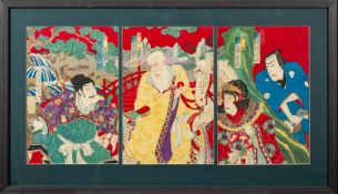 A triptych of Japanese woodblock prints by Utagawa Kunimasa IV [1874-1944] depicting Kabuki actors