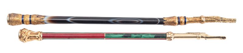 Two early 19th century yellow metal mounted dip pens,