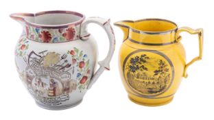 An early 19th century commemorative pearlware lustre jug and a canary yellow jug the first painted