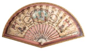 A painted and sequin adorned silk and bone mounted fan, English or French,