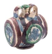 A French pottery 'pilgrim' flask, probably Saintonge, late 17th century of barrel shape,