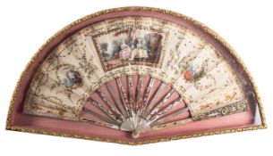 A painted and sequin adorned silk and mother-of-pearl mounted fan, English or French,