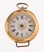 An 18K gold pocket watch having a white enamel dial with black Roman numerals and raised gilt