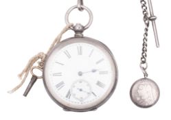 A silver pocket watch, the white enamelled dial with Roman numerals,