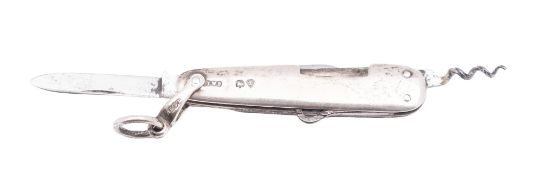 A Victorian silver mounted steel chatalaine multi-tool, with two penknife blades, a button hook,