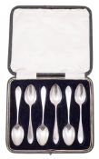 A George V cased set of six silver teaspoons, with pointed terminals, by Thomas Bradbury & Son,