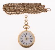 A 9K gold keyless pocket watch the white enamel dial having black Roman numerals,