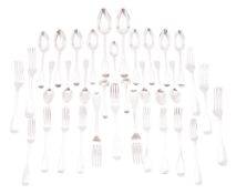 A Harlequin part-canteen of Fiddle pattern silver flatware:- 2 tablespoons, 8 table forks,