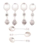 Four Tibetan silver spoons, with chased decoration and inset stone bosses (one lacking), unmarked,
