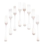 Eight silver dessert forks, four in Fiddle pattern, crested, and four in Old English pattern,