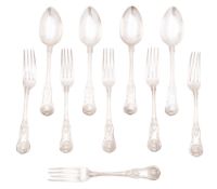 19th century King's pattern silver flatware, (diamond shell heel), 6 table forks & 4 tablespoons,