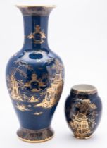 Two Carlton Ware vases both decorated in gold on a blue ground with the New Mikado pattern,