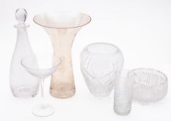 A mixed group of glass including a decanter, two vases, a beaker, coupe and bowl.