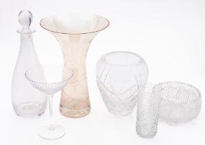 A mixed group of glass including a decanter, two vases, a beaker, coupe and bowl.
