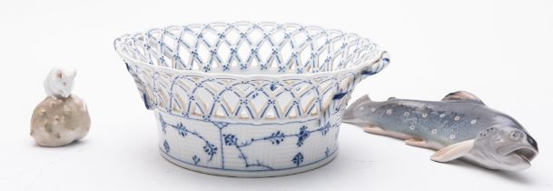 A Bing & Grondahl porcelain figure of a trout together with two pieces of Royal Copenhagen