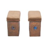 A pair of Arts and Crafts beaten copper and enamelled fender stools with padded upholstered hinged