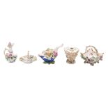 A group of five Coalport flower-encrusted wares, circa 1830, all painted and applied with flowers,